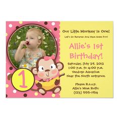 a pink and yellow monkey 1st birthday party card