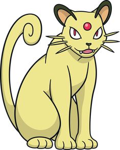 a yellow cat with red eyes sitting down