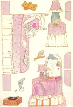 a drawing of a baby's room with pink furniture and accessories