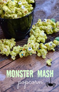 monster mash popcorn with googly eyes and sprinkles on the table