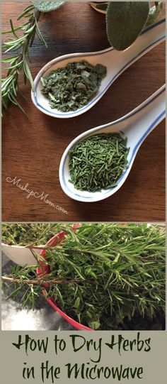 two spoons filled with herbs on top of a wooden table