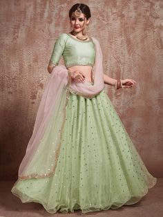 Cozy pista green wedding lehenga choli online for women which is crafted from net and art silk fabric with exclusive embroidery and stone work also comes with art silk blouse and net dupatta. डिजाइनर कपड़े, Mirror Work Lehenga, Simple Lehenga, Lehenga Designs Simple, Lehnga Dress, Green Lehenga, Gaun Fashion, Lehenga Online