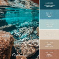 the color scheme is blue, brown and green with some rocks under water in it