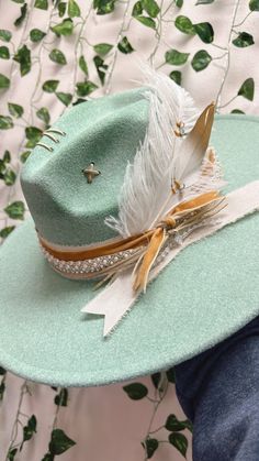 "Elegant Mint Hand-Decorated Wide Brim Hat (L/XL) Additional Information:  Size: L/XL (57-59cm or 22 3/8 - 23 1/8inches Material: Lightweight Felt/Recycled Polyester  4\" Wide Brim Adjustable strap All feathers and ribbons are glued to hold on to the hat. All hats are decorated, burned, hand-burned/engraved by Annrita Velardi Please message us if you would like your hat personalized or have any questions." Custom Cowgirl Hats, Custom Made Hats, Felt Cowboy Hats, Rancher Hat, Looks Country, Painted Hats, Women Hats Fashion