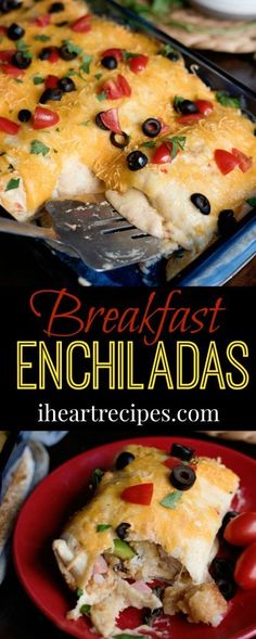 breakfast enchiladas with tomatoes, black olives and cheese are an easy dinner idea