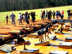 several people are standing in the mud and playing with wooden blocks while others look on