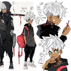 three different poses of an anime character with white hair, wearing black clothes and holding a red backpack