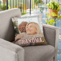 a gray chair with a pillow on it that says, you are not in the grandma