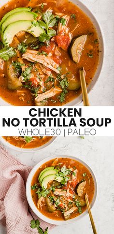 two bowls of chicken tortilla soup with avocado