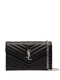 Black leather monogram wallet on chain from SAINT LAURENT featuring foldover top with magnetic fastening, chain-link shoulder strap, internal zip-fastening pocket, signature YSL logo plaque, internal card slots, main compartment and chevron quilting. | Saint Laurent Monogram Wallet On Chain Ysl Wallet On Chain, Ysl Purse, Ysl Handbags, Saint Laurent Handbags, Wallet On Chain, Luxury Purses, Mini Pouches, Moda Vintage, Black Chain