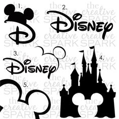 disney castle silhouettes with the word's name in black on a white background