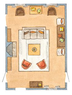 an overhead view of a bedroom and living room