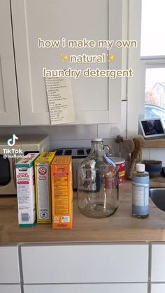 the kitchen counter is cluttered with cleaning products and other things to use on it