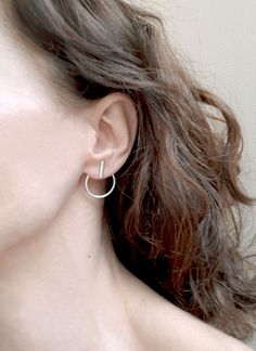 These ear jackets will become your favourite. So many ways to be worn. You can even match the back circle with any stud you already have. These earrings are fully handmade from sterling silver. The length of the bar stud is 11 mm while the diameter of the open circle back is 22 mm. They come with sterling silver ear backs. Put on the stud, thread the circle back part through behind the earlobe, and close with the stopper behind. It might be tricky the first time but it is easy in front of a mirr Ear Sweeps, Earrings Edgy, Edgy Earrings, Front Back Earrings, Ear Climbers, Bar Studs, Ear Jacket, Mismatched Earrings, Heart Studs