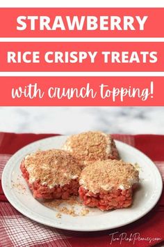 three slices of strawberry rice crispy treats on a white plate with text overlay