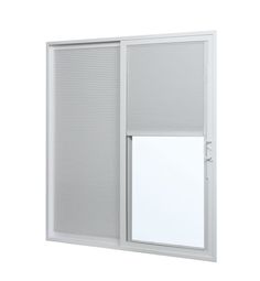 an open sliding glass door with blinds on the outside and side panels in white color