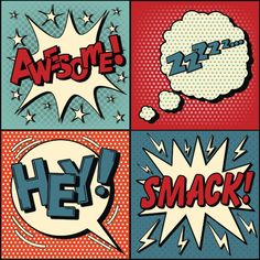 pop art comic speech bubbles with the words awesome, hey, snark and