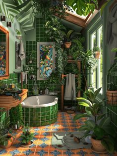 the bathroom is decorated in green and orange tiles, with potted plants on the floor