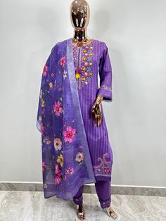 Designer Embroidered Kurta Set - Purple Embroidered Cotton Kurta Trouser Dupatta - Indian Wedding Wear For Women - Pakistani Lawn Kurta Set Pakistani Salwar Kameez / Indian Wedding Dress / Plus Size Cotton Dress Traditional Indian Wear / Salwar Kameez Dupatta / Kurti Palazzo Set The set contains: 1 Kurta 1 Trousers 1 Dupatta Kurta: The Purple Cotton straight Kurta has a round neck design with embroidered details. The Kurta measures calf length and has straight hemline. It comes with lining.  Sle Indian Wedding Wear For Women, Wedding Wear For Women, Kurti Palazzo Set, Kurti Palazzo, Pakistani Salwar Kameez, Palazzo Set, Indian Wedding Wear, Straight Kurta, Cotton Kurta