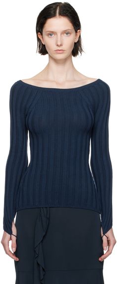 Paloma Wool - Navy Canal Sweater Casual Ribbed Viscose Tops, Fall Viscose Knit Top, Navy Boat, Boat Neck Sweater, Paloma Wool, Blue Jumper, Boatneck Sweater, Boat Neckline, Paloma