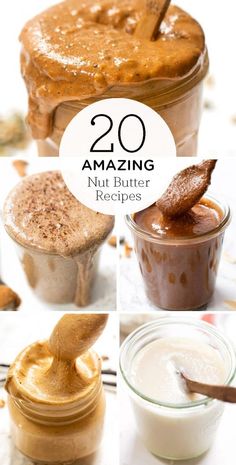 peanut butter recipe in jars with the title overlay reading 20 amazing nut butter recipes