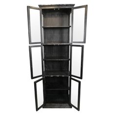 an open bookcase with mirrored doors on the front and bottom shelves in black finish