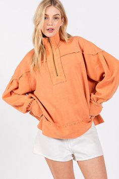 Orange Washed Terry Zipup Pullover Oversized Half-zip Spring Tops, Oversized Half-zip Tops For Spring, Fall Relaxed Fit Half-zip Top, Fall Half-zip Relaxed Fit Top, Relaxed Fit Half-zip Spring Top, Spring Relaxed Fit Half-zip Top, Spring Half-zip Top With Relaxed Fit, Fall Cotton Half-zip Tops, Casual Shorts Men