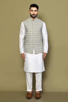 Green sleeveless bundi with all over blossom motif print. Paired with a white full sleeves plain kurta and a pant. - Aza Fashions Plain Kurta, Kurta Set For Men, Fashion App, Kurta Set, Full Sleeves, Aza Fashion, Full Sleeve, Blossom, For Men