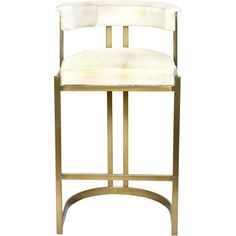 a white and gold bar stool with an open back, on a white background the seat is upholstered