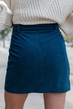 Details Navy Belted Corduroy Skirt Fabric has no stretch Adjustable removable belt, back zipper closure, functional pockets Pair this skirt with a cute sweater! Lined Size small from shoulder to hem: 16.5" Material and Care 100% polyester Machine wash cold, no drum drying Patterns may vary Materials may have natural variations Colors may vary from different viewing devices Halloween Trends, Short Maxi Dress, Pink Activewear, Skirt Fabric, Red Romper, Pink Jumpsuit, Pink Rompers, Blue Romper, Cute Sweater