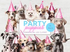 a group of dogs wearing party hats with a sign that says party puppies commercial use clipart