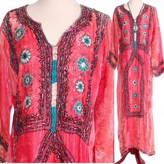 "Vintage 1920s Rare Pakistani Uniquely Light Fuchsia Pink Velvet Intricately Embroidered Caftan Maxi Dress. Awesome Color palette. Velvet is perfectly faded, Floral Ethnic Embroidery Patterns are gorgeous! This is definitely a handmade item, and was worn and loved! So handmade in fact that the sleeves aren't exactly the same length, which adds to the unique charm of this glorious piece. Mirrors are all intact. There is no lining and you can see all the hand stitching inside! There are several da Embroidered Pink Kaftan For Festivals, Pink Embroidered Kaftan For Festivals, Bohemian Pink Resham Embroidered Kaftan, Bohemian Pink Resham Embroidery Kaftan, Summer Silk Kaftan With Intricate Embroidery, Bohemian Pink Kaftan With Resham Embroidery, Fitted Long Pink Kaftan, Pink Embroidered V-neck Kaftan, Pink Fitted Bohemian Kaftan