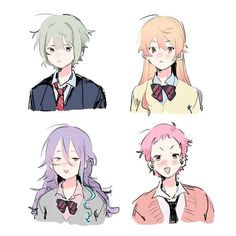 four anime characters with different colored hair and ties on their heads, all wearing school uniforms