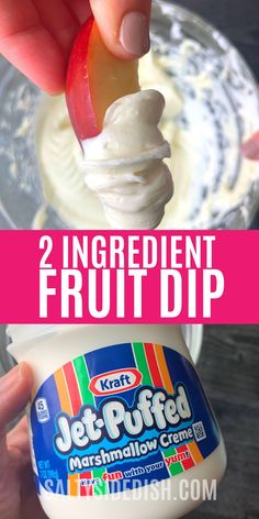 two ingredient fruit dip in a glass bowl with text overlay that reads, 2 ingredient fruit dip