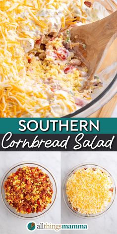 collage image showing a close up of Southern Cornbread Salad and two steps to make Southern Cornbread Salad. Classic Cornbread, Easy Holiday Recipes, Corn Salad, Corn Salads