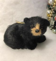 a small black bear sitting next to a christmas tree