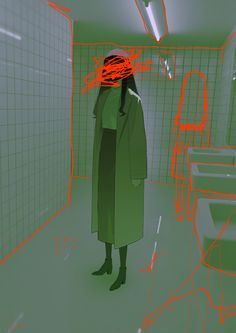 a woman standing in a bathroom with red lines on her face and coat over her head