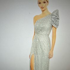 Silver, Sequined, One Shoulder Gown Mac Duggal Dresses, One Shoulder Gown, Mac Duggal, Dress First, One Shoulder, Size 4, Mac, Womens Dresses, Silver