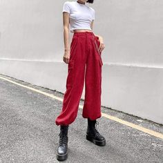 Gothic Harajuku Topic Cargo Corduroy Pants GA091 - Egirldoll Gothic Harajuku Fashion, Gothic Harajuku, Streetwear Cargo Pants, Cargo Pants Streetwear, Egirl Clothes, Egirl Outfits, Hip Hop Streetwear, Red Pants, Straight Trousers