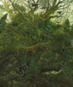 a painting with many trees and birds in the woods, all covered in green moss