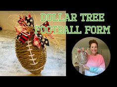 a woman is holding a football themed planter with the words dollar tree football form on it