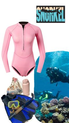 a woman in a pink bodysuit with scuba gear and snorkels on the bottom