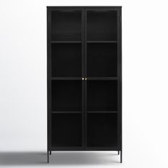 a tall black bookcase with two doors