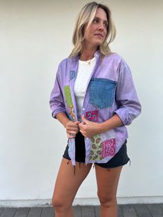 Patched button down shirt, long sleeve size L Upcycled lizsport patched embellished top, upcycled shirt ,patched bottom shirt, ooak by HerdingBoho on Etsy Upcycled Shirt, Upcycle Shirt, Womens Blouses, Tempe Az, Denim Pocket, Embellished Top, Shirt Long Sleeve, Boho Tops, Lightweight Jacket