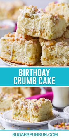 a close up of a cake on a plate with the words birthday crumb cake