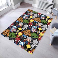 the rug is decorated with cartoon characters