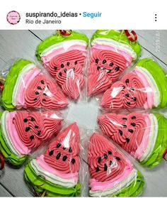 watermelon slices are wrapped in plastic on the table