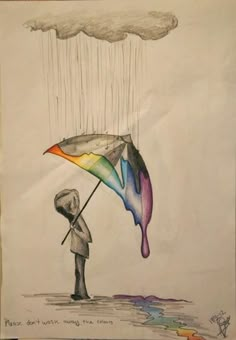 a drawing of a person holding an umbrella under a rainbow colored rain cloud with water dripping from it