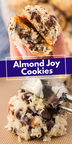 a person holding up a cookie with the words almond joy cookies above it