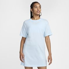 As comfy and easy to throw on as your favorite tee, this dress is ready for whatever you are. A curved hem and a flowy, oversized fit add a chic twist to a closet staple. Casual Solid Color T-shirt Dress For Loungewear, Oversized Casual T-shirt For Daywear, Relaxed Fit Crew Neck T-shirt Dress For Spring, Oversized Light Blue T-shirt For Summer, Oversized Crew Neck T-shirt Dress For Summer, Casual Curved Hem T-shirt For Spring, Casual Relaxed Fit T-shirt Dress For Loungewear, Casual Loungewear Dress With Curved Hem, Light Blue Relaxed Fit T-shirt For Loungewear